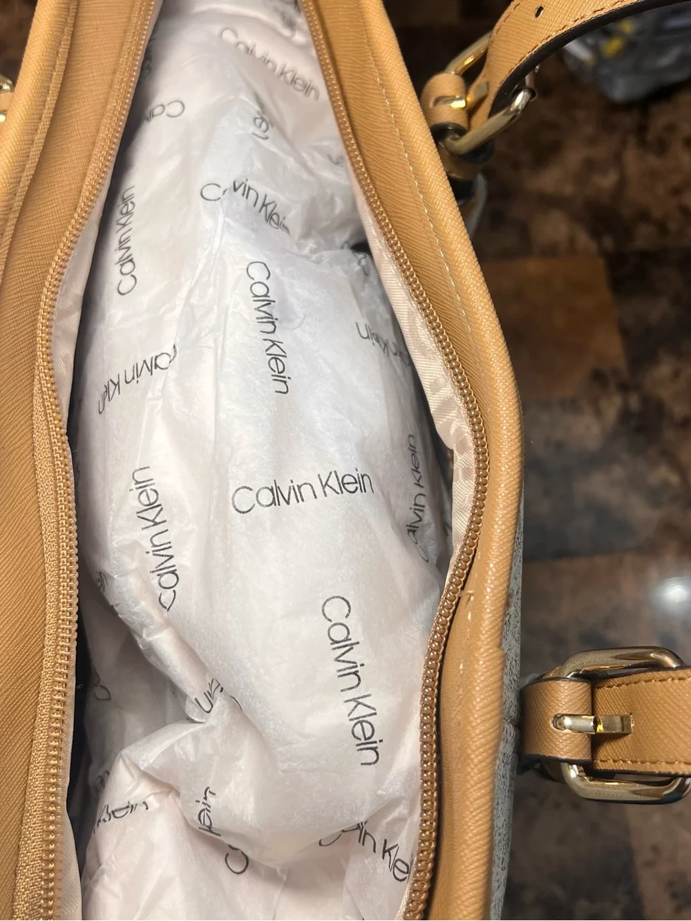 Calvin Klein Cream Monogram Tote with Tan Trim